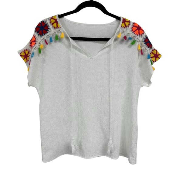 Unbranded White Multicolor Crochet Tassel Tie Short Sleeve Top Womens Medium - Picture 2 of 6